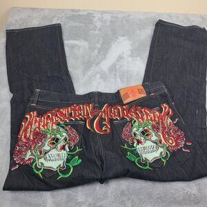 VTG Christian Audigier Men's NWT Embroidered Jeans Skull Rose Jeans Sz 42 X‎ 34